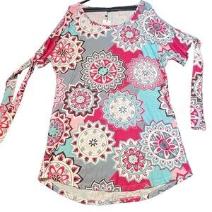 Sheilay Dress Womens XL Multicolor Cold Shoulder Top‎ Floral Mandala Mini New